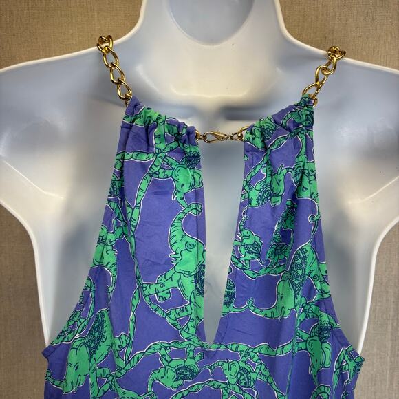 100% Silk XS Lilly Pulitzer Cabana chain halter Iris blue loopy elephants - Picture 4 of 8